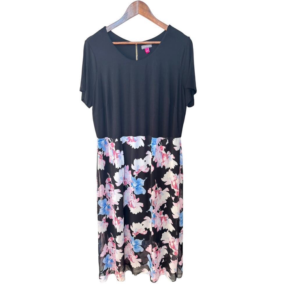 Vince Camuto Black Floral Fit &‎ Flare Dress 1X Plus Size Floral Midi